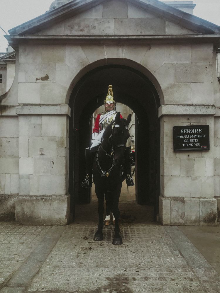 palacio de londres y caballo negro con soldado subido encima típico de la reina 